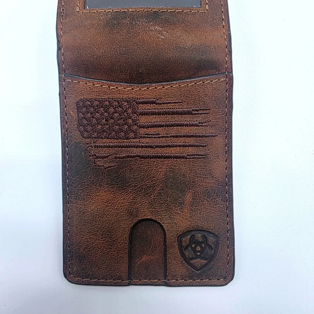 Ariat Mens Distressed Brown Leather American Flag Bifold Money Clip Wallet